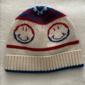 Sandro Paris Smiley Face Wool Beanie | Cream Red Blue | Winter Hat